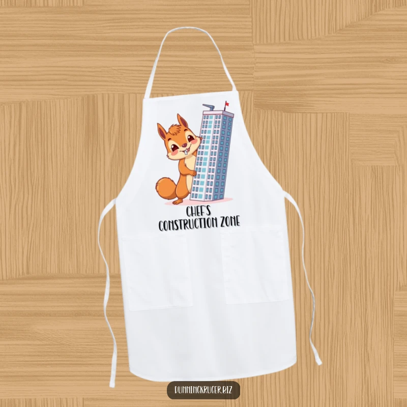 Funny apron showing a cheerful squirrel with a determined look, accidentally building a skyscraper horizontally, perfect for the adventurous chef.