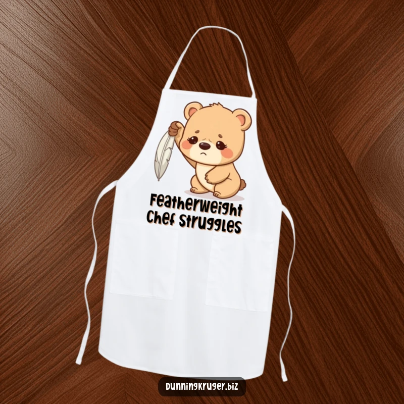 Funny apron showing a determined bear cub with a furrowed brow, hilariously struggling to lift a feather, perfect for the determined chef.