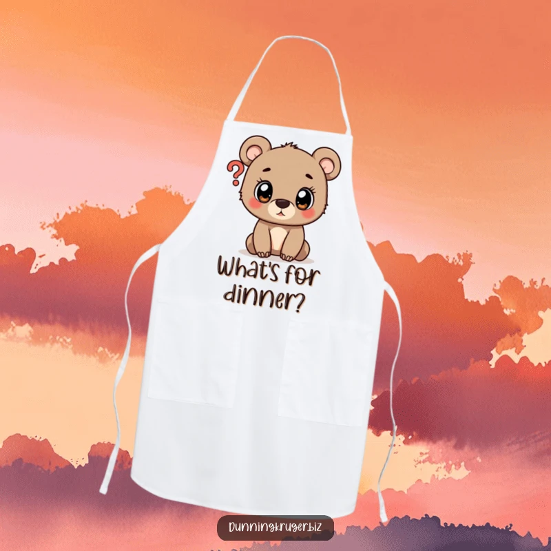 Funny kitchen apron featuring a curious bear cub looking at a question mark, ideal for cooking and baking.