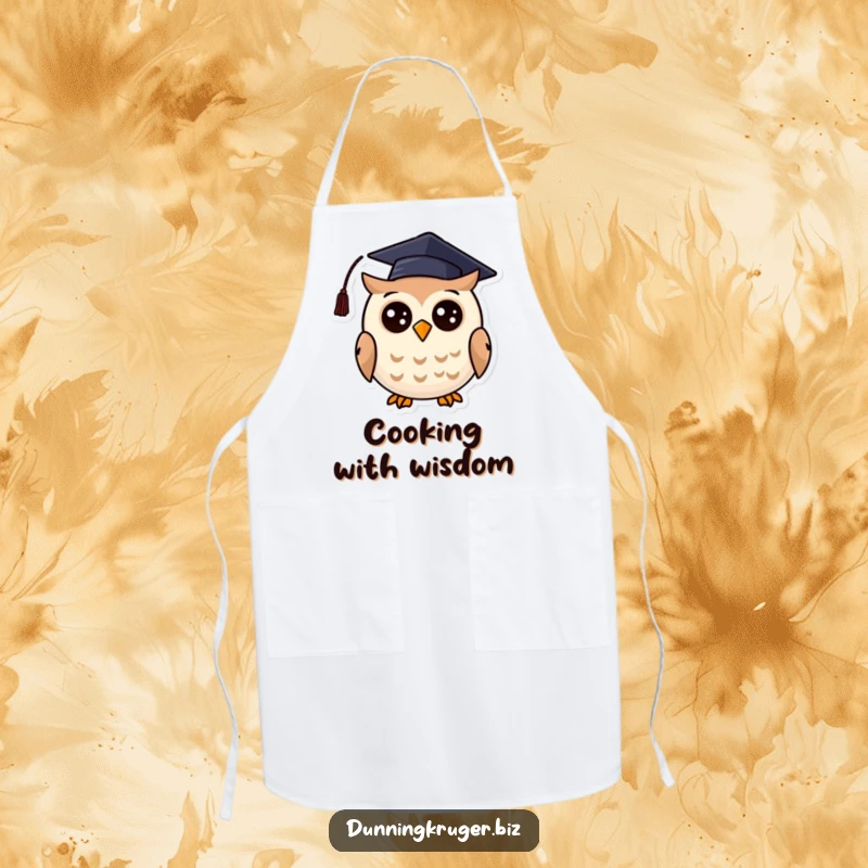 Funny apron featuring a cheerful, round owl wearing a crooked graduation cap, perfect for cooking with scholarly flair.