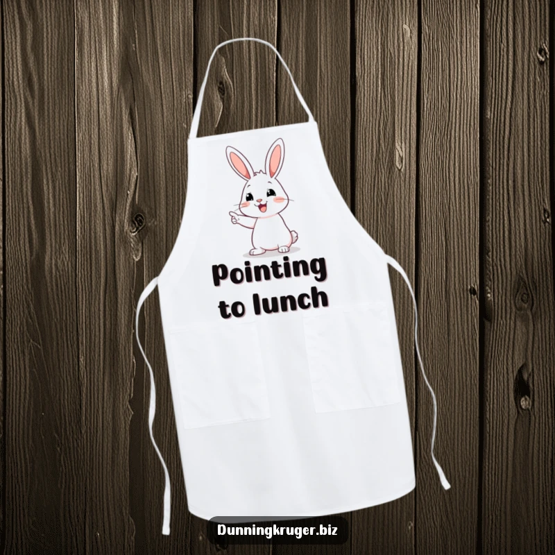 Funny apron featuring a happy rabbit with long ears pointing confidently at an empty space, adding a touch of mystery to cooking.