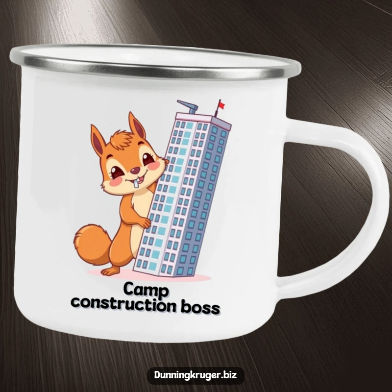 Funny camping mug with a cheerful squirrel, determined expression, accidentally building a skyscraper horizontally, ready for outdoor construction projects.