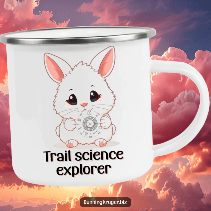 Funny camping mug with a fluffy white bunny, big curious eyes examining a miniature scientific diagram, ready for outdoor contemplation.