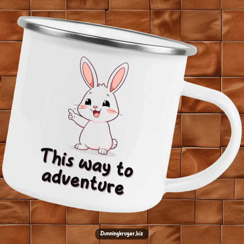 Funny camping mug featuring a happy rabbit with long ears pointing at an empty space, ready for outdoor contemplation.