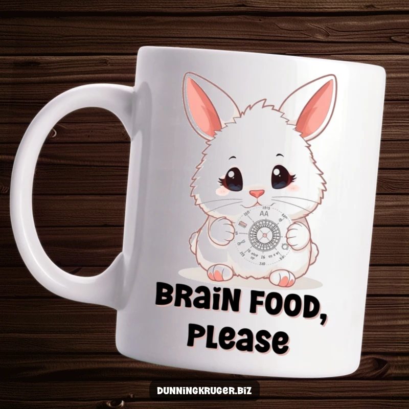 Funny mug with a fluffy white bunny sporting big, curious eyes, examining a miniature, intricate scientific diagram with intense concentration.