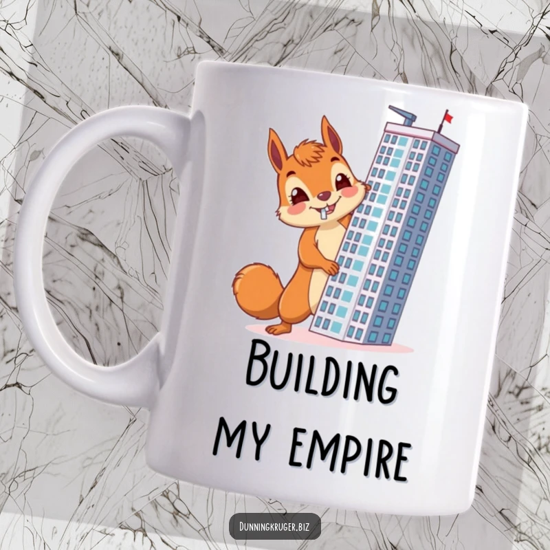 Funny mug with a cheerful squirrel, determined expression, accidentally building a skyscraper in a horizontal direction, a testament to creative chaos.