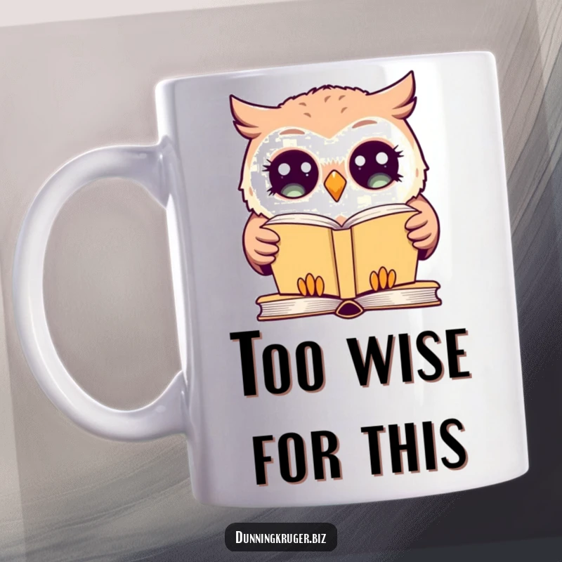 Funny mug with a giggling owl, exaggeratedly wide eyes, staring blankly at a simple book, capturing a humorous moment of confusion.