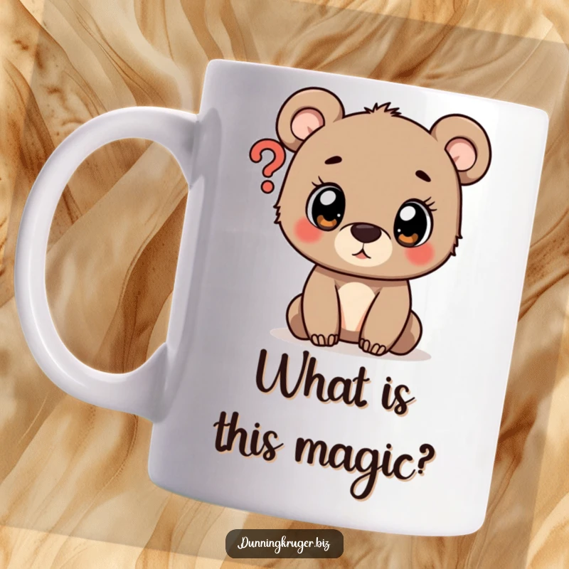 Funny bear cub mug with simple, wide eyes curiously peering into a large question mark, expressing wonder and thought.