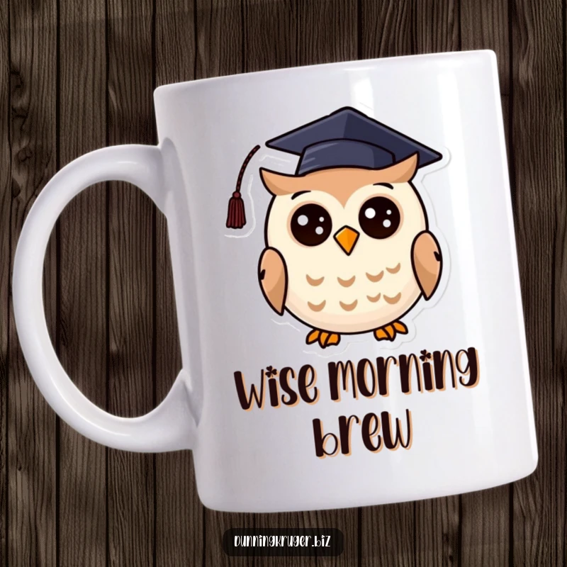 Funny mug featuring a cheerful, round owl with simple eyes, sporting a tiny, crooked graduation cap, looking proudly wise.