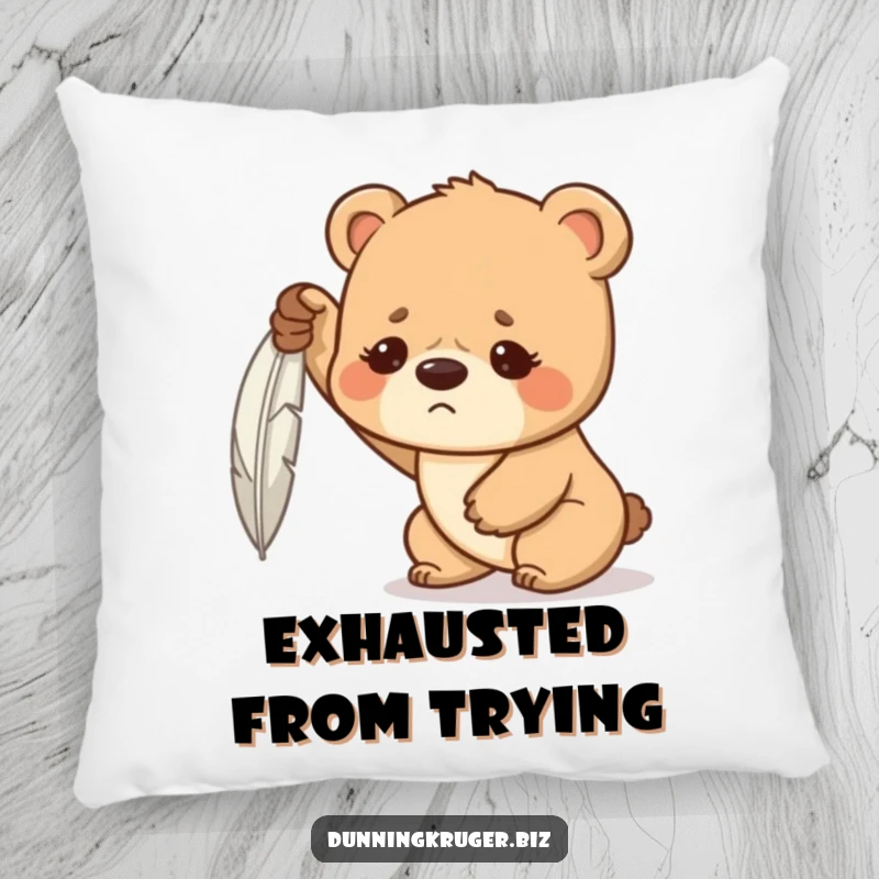 Funny pillow with a determined bear cub, furrowed brow, hilariously struggling to lift a feather, offering comfort and humorous motivation.
