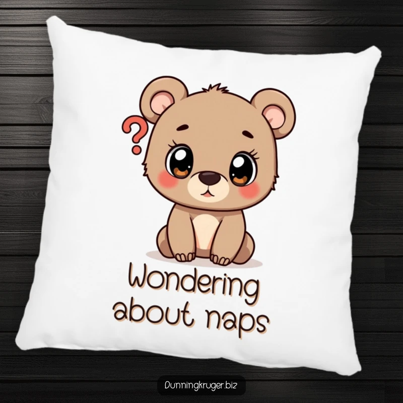 Funny decorative pillow with a wide-eyed bear cub staring at a question mark, offering cuddly curiosity.