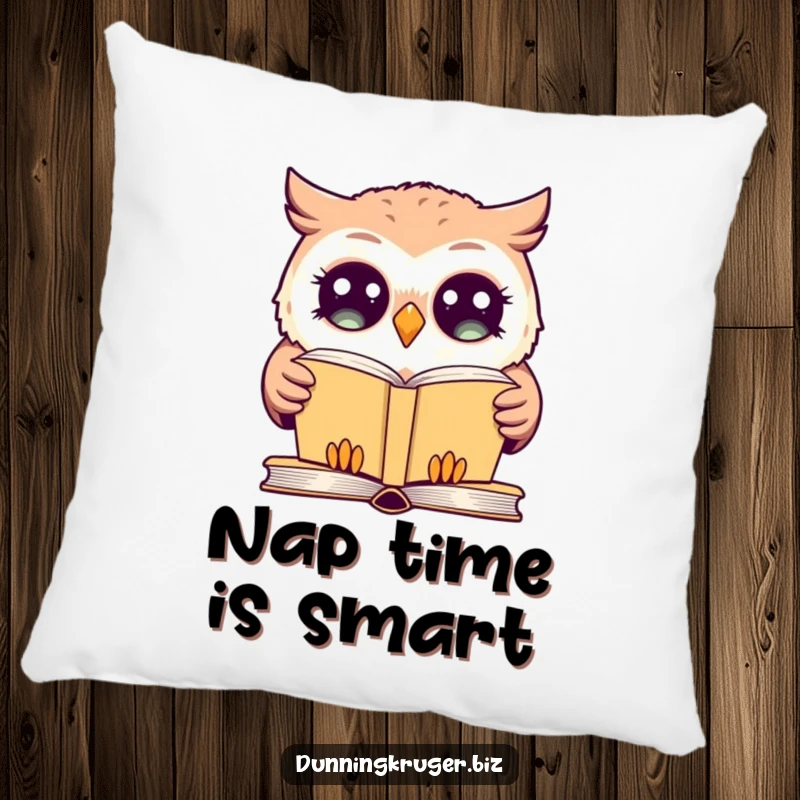 Funny pillow with a giggling owl, exaggeratedly wide eyes, blankly staring at a simple book, offering comfort and humorous contemplation.