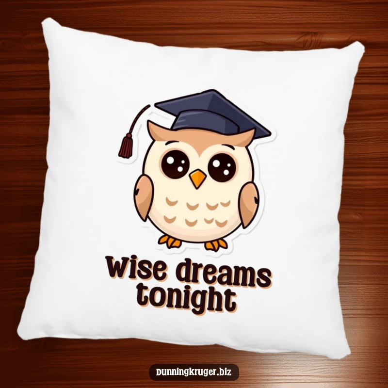 Funny decorative pillow featuring a cheerful, round owl wearing a crooked graduation cap, perfect for adding scholarly humor.