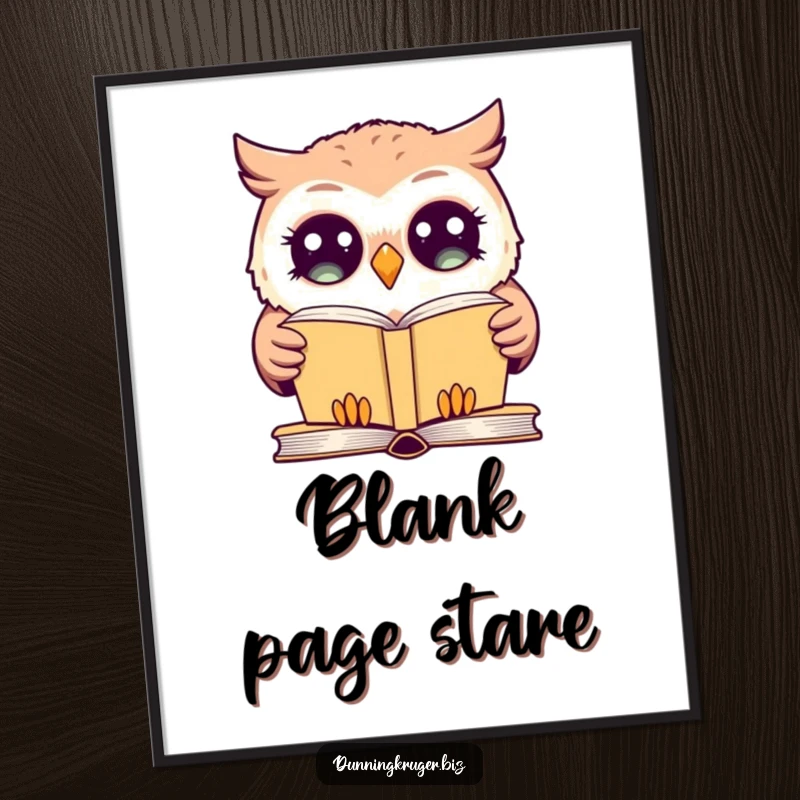 Funny digital art print of a giggling owl with exaggeratedly wide eyes, blankly staring at a simple book, ready for printing.