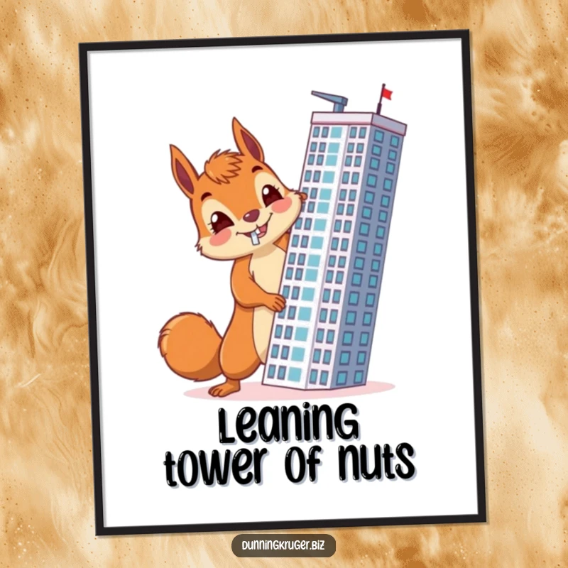 Funny digital art print of a cheerful squirrel with a determined expression, accidentally building a skyscraper horizontally, ready for printing.