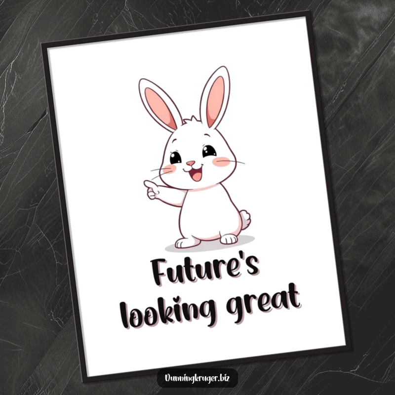 Funny digital art print of a happy rabbit with long ears pointing confidently at an empty space, creating playful intrigue.