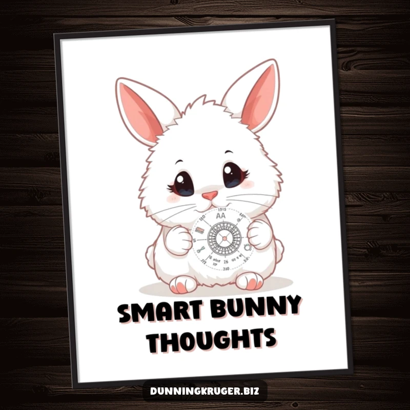 Funny digital art print of a fluffy white bunny with big curious eyes, intently studying a miniature scientific diagram, ready for printing.