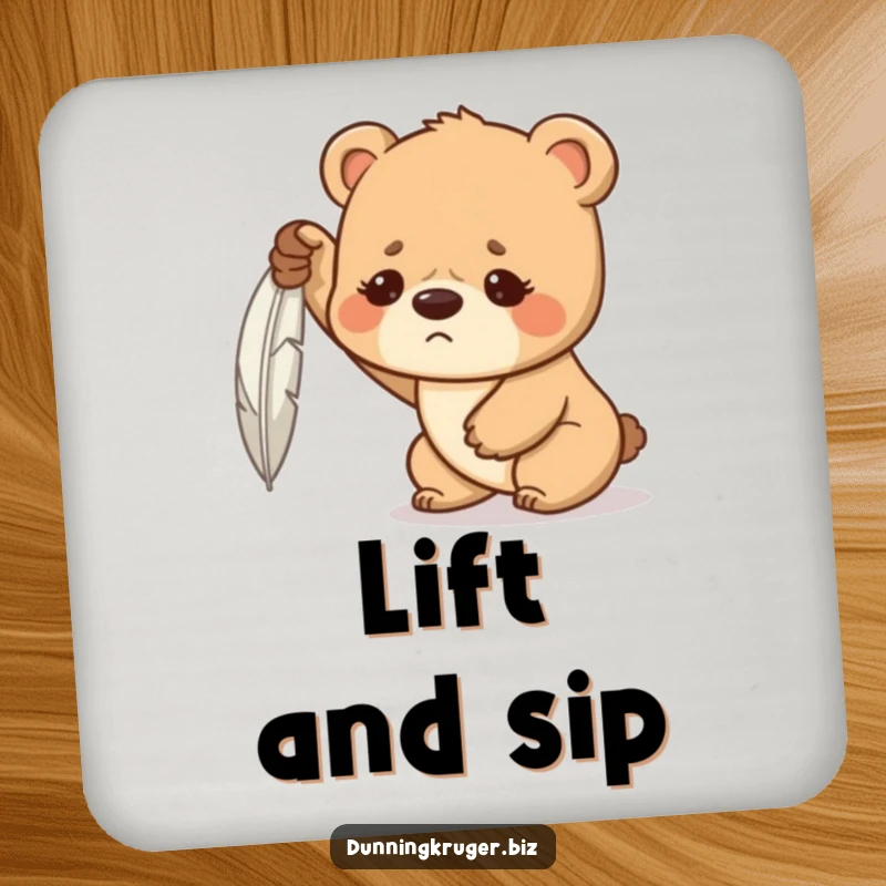 Funny drink coaster showing a determined bear cub with a furrowed brow, hilariously struggling to lift a feather, adding a humorous touch to tables.