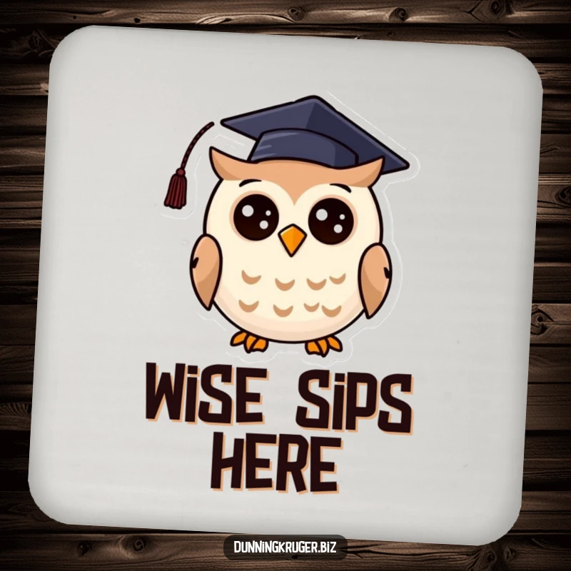 Funny drink coasters featuring a cheerful, round owl wearing a crooked graduation cap, perfect for adding scholarly humor to surfaces.