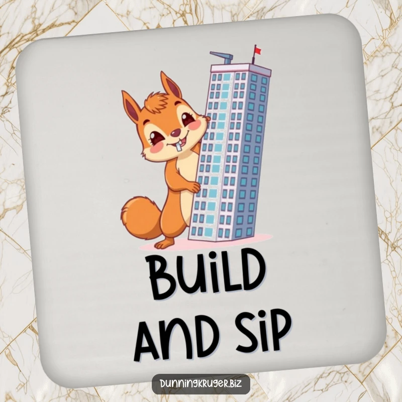 Funny drink coaster showing a cheerful squirrel with a determined look, accidentally building a skyscraper horizontally, adding a humorous touch to tables.