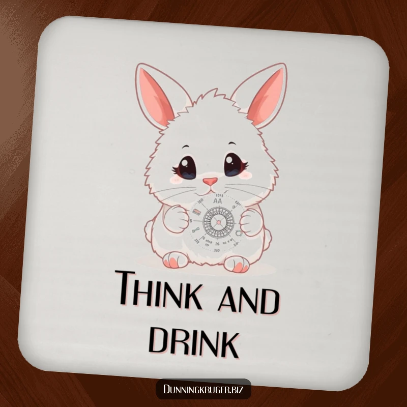 Funny drink coaster showing a fluffy white bunny with curious eyes, examining a tiny scientific diagram, adding a smart touch to tables.