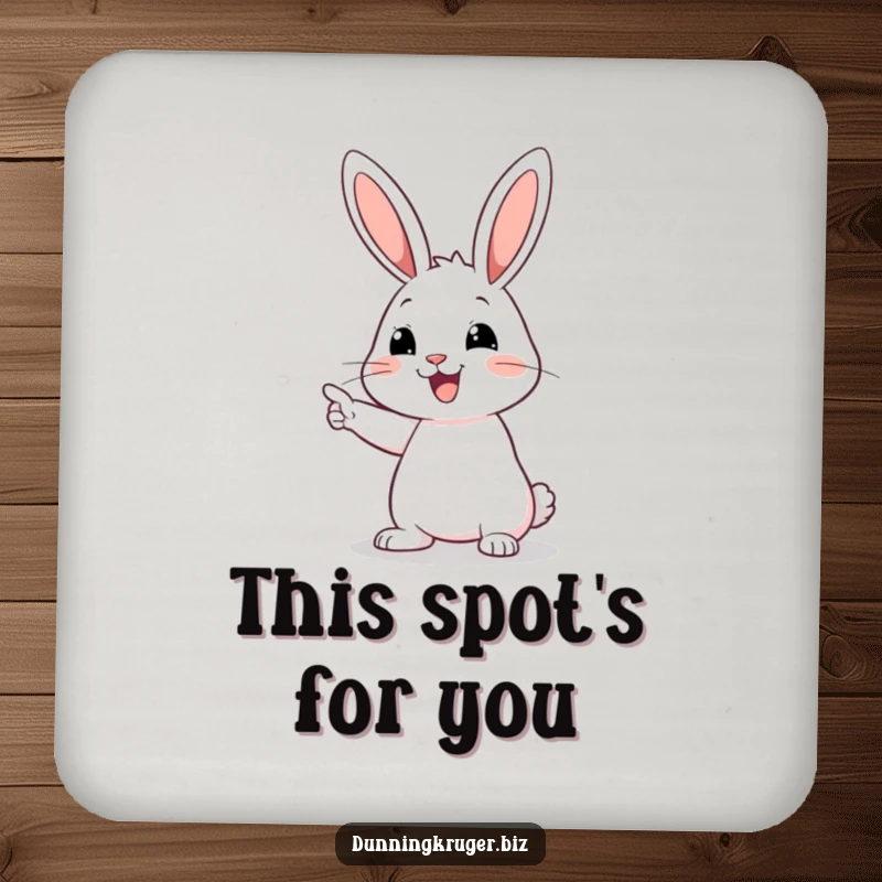 Funny drink coasters featuring a happy rabbit with long ears pointing at an empty space, perfect for adding playful mystery.