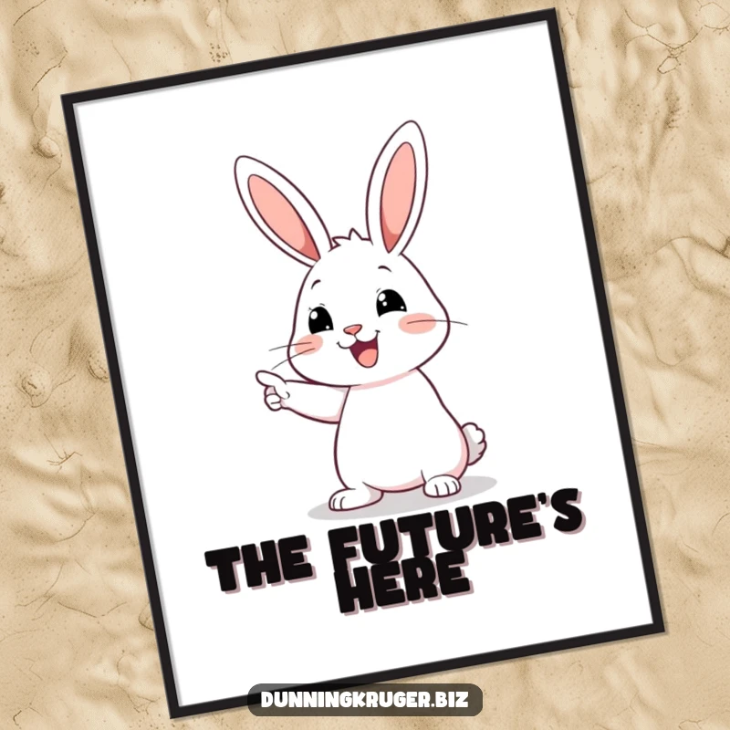 Funny poster of a happy rabbit with long ears pointing confidently at an empty space, creating an air of playful mystery.