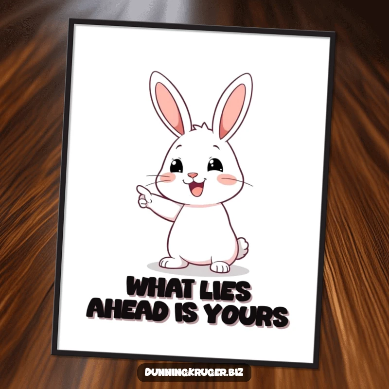 Funny Free Printable Wall Art: A happy rabbit with long ears confidently pointing at an empty space.