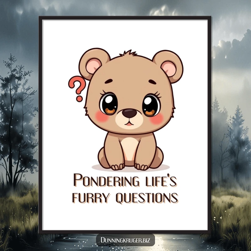 Funny Free Printable Wall Art: A wide-eyed, curious bear cub peeking into a giant question mark, adding playful decor.