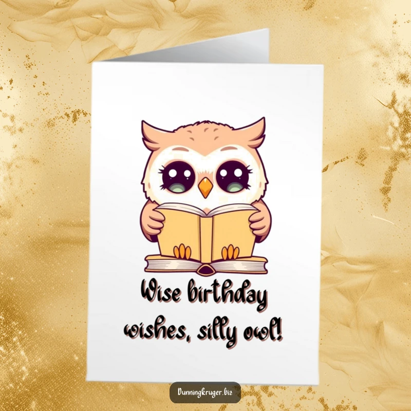 Funny Free Printable Birthday Card: A giggling owl with huge, wide eyes stares completely blankly at a very simple, open book.
