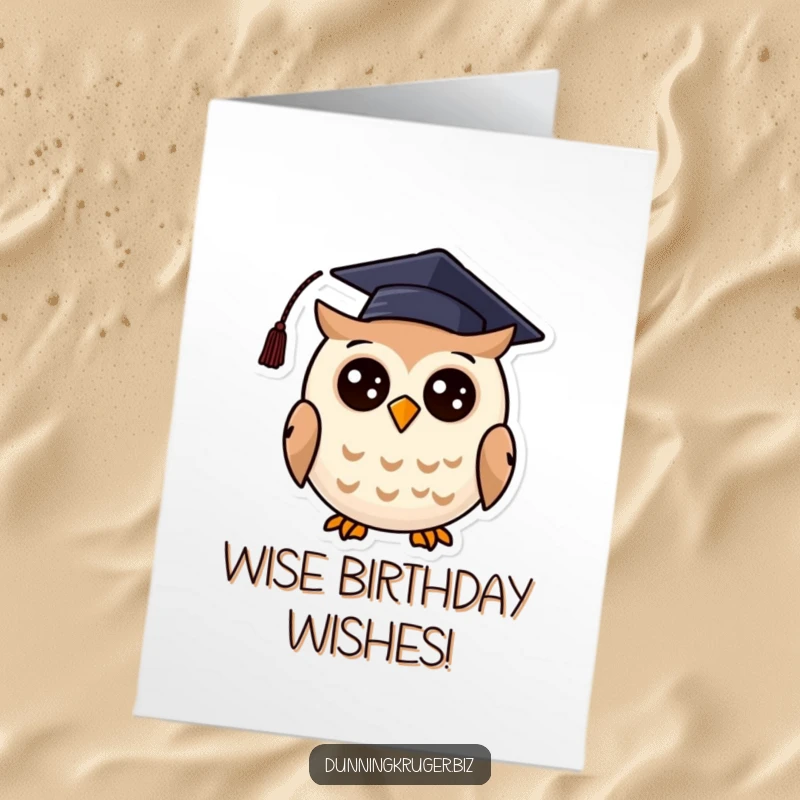 Funny Free Printable Birthday Card: A cheerful round owl wearing a tiny, crooked graduation cap.