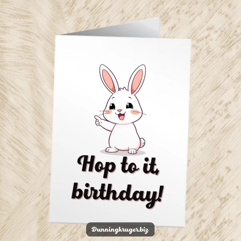 Funny Free Printable Birthday Card: A happy rabbit with long ears pointing somewhere exciting.