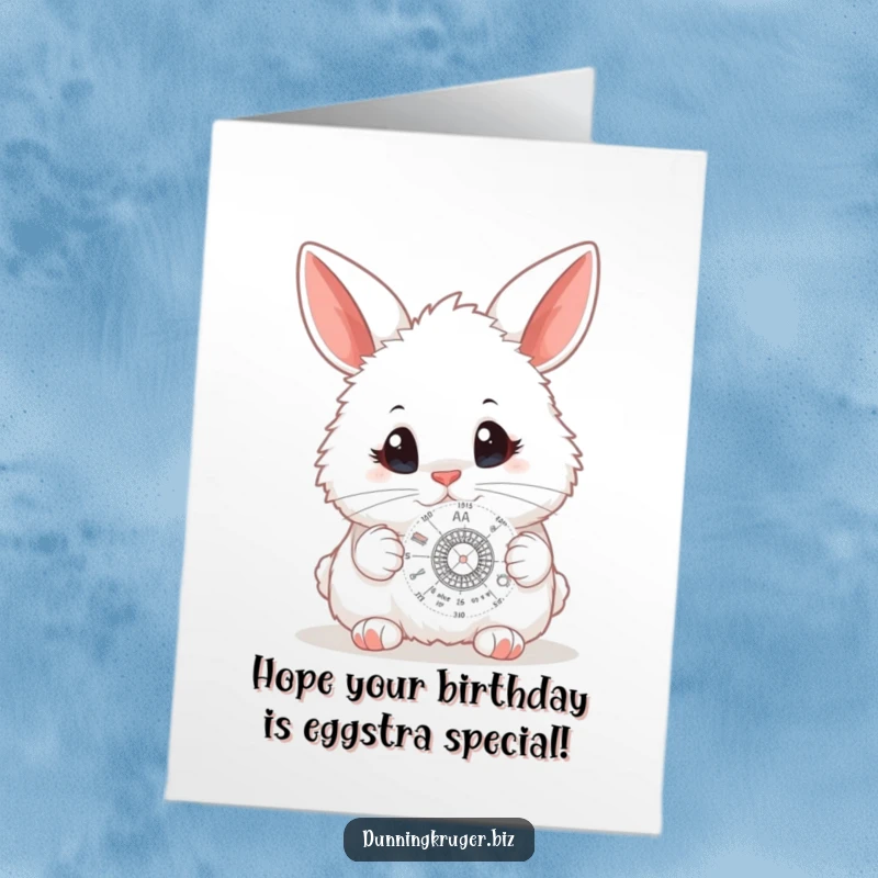 Funny Free Printable Birthday Card: A fluffy white bunny with huge curious eyes intently studying a miniature, complex scientific diagram.