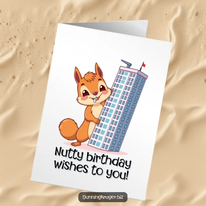 Funny Free Printable Birthday Card: A cheerful squirrel with a determined face accidentally constructing a skyscraper horizontally, a nutty feat.