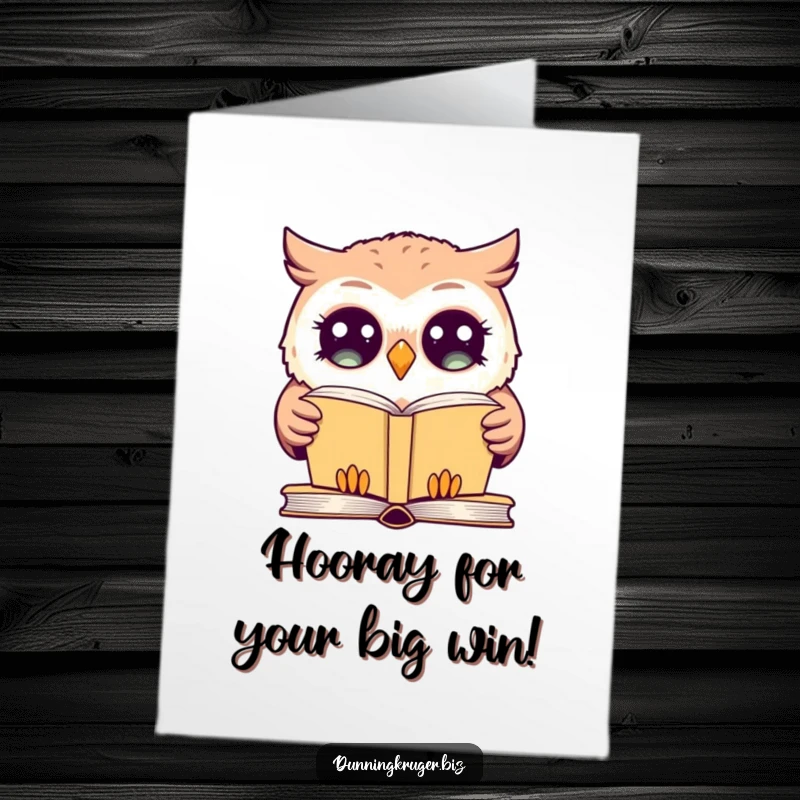 Funny Free Printable Congratulations Card: A giggling owl with exaggeratedly wide eyes stares blankly, seemingly confused by a basic book.
