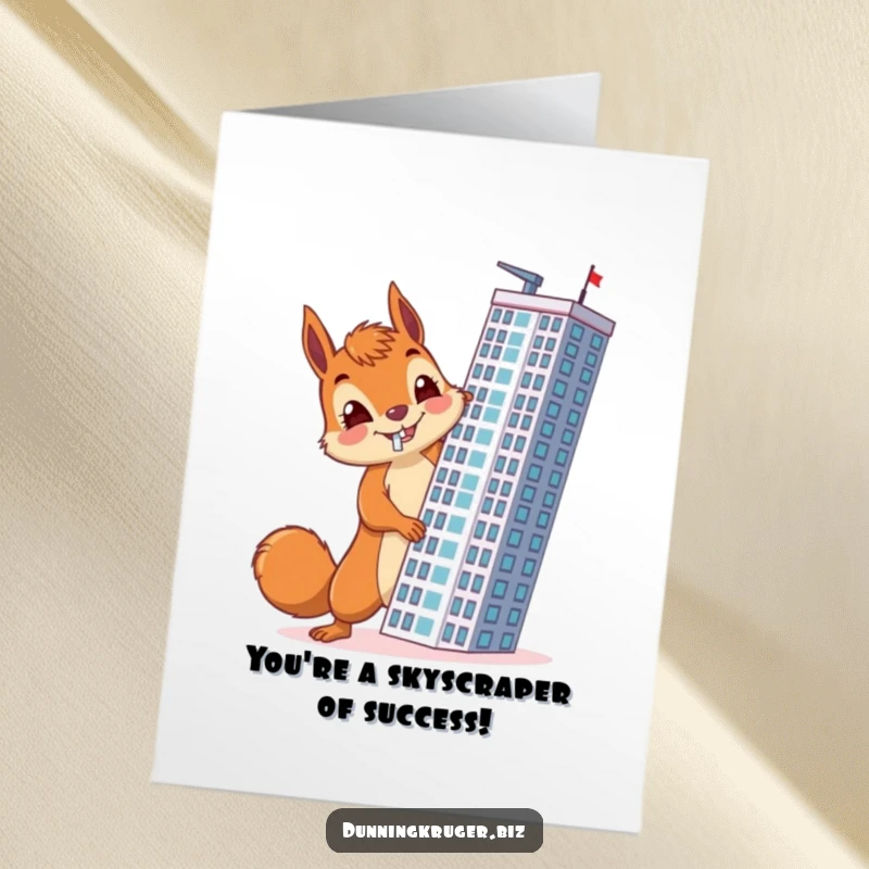 Funny Free Printable Congratulations Card: A cheerful squirrel determinedly builds a skyscraper sideways in a comical display of unintended success.