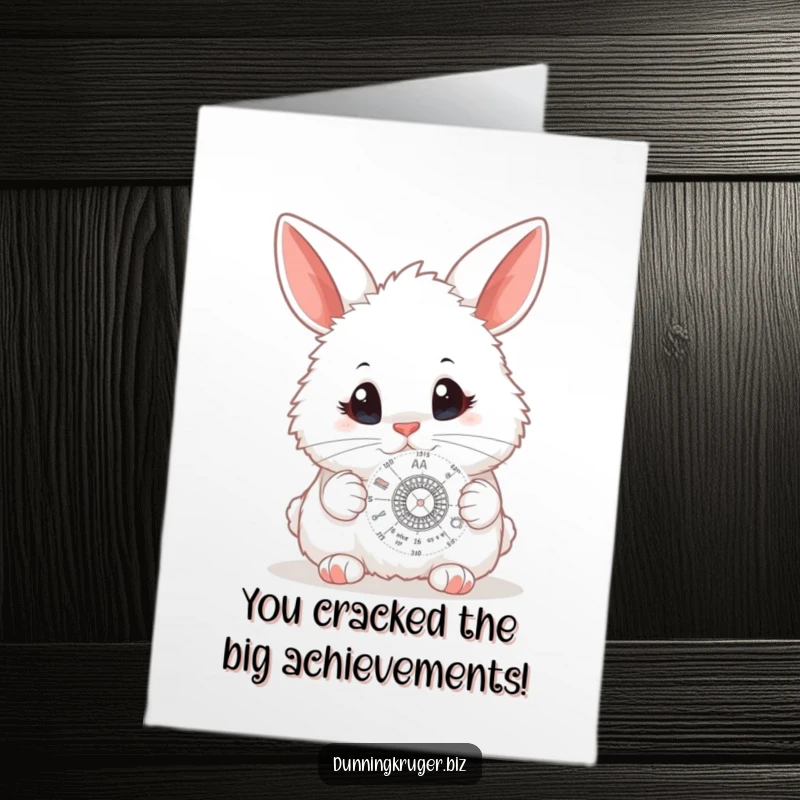 Funny Free Printable Congratulations Card: A fluffy white bunny with wide, curious eyes examines a tiny, intricate scientific diagram with intrigue.