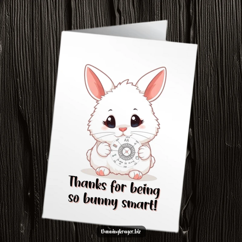 Funny Free Printable Thank You Card: A fluffy white bunny with big curious eyes peers at a small, detailed scientific diagram.