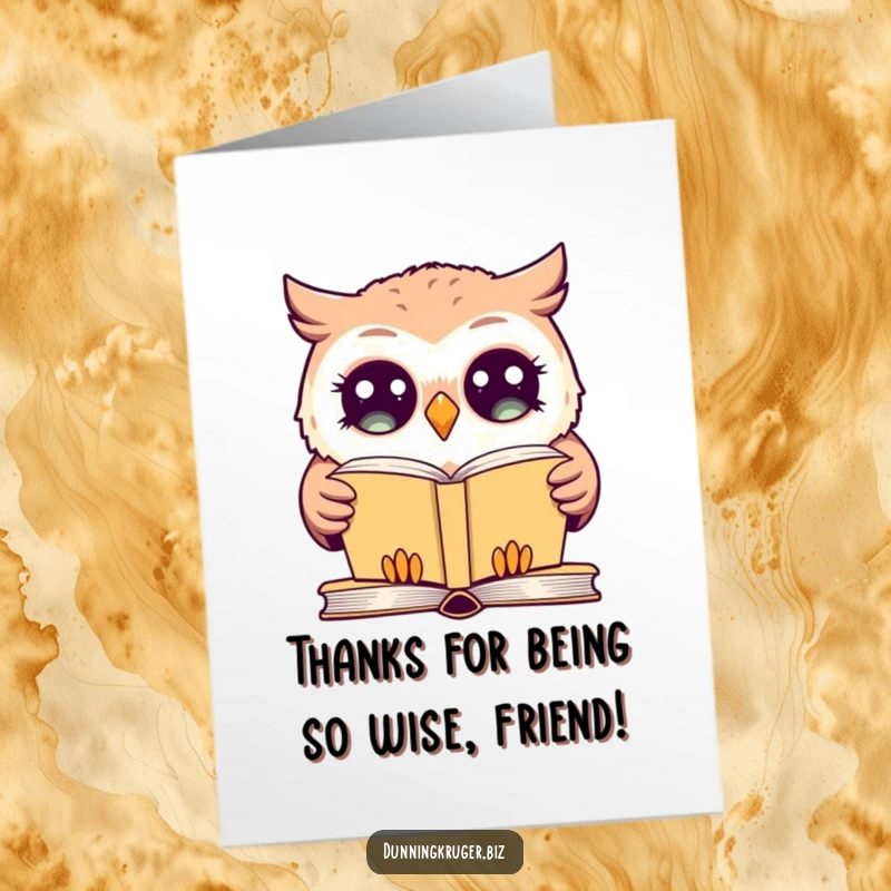 Funny Free Printable Thank You Card: A giggling owl with enormous, wide eyes stares blankly at a simple, open book.