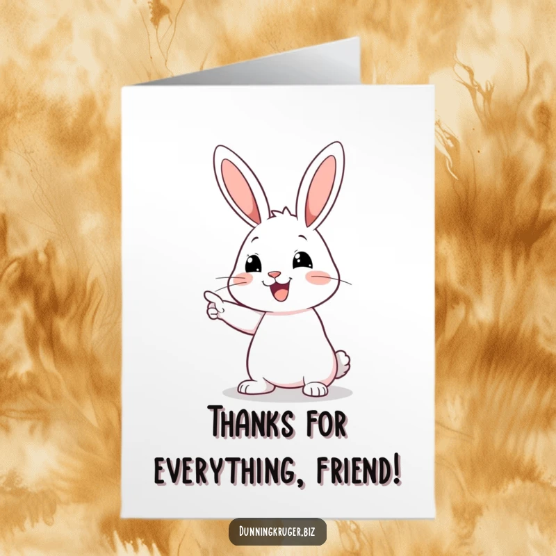 Funny Free Printable Thank You Card: A happy rabbit with long ears pointing towards appreciation.