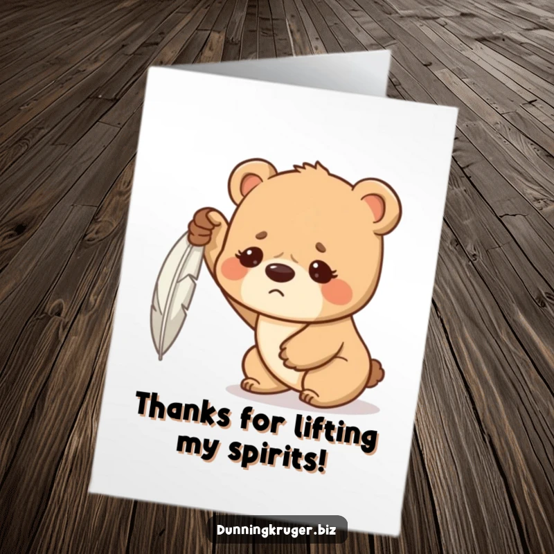 Funny Free Printable Thank You Card: A determined bear cub with a furrowed brow puts maximum effort into lifting a tiny feather.