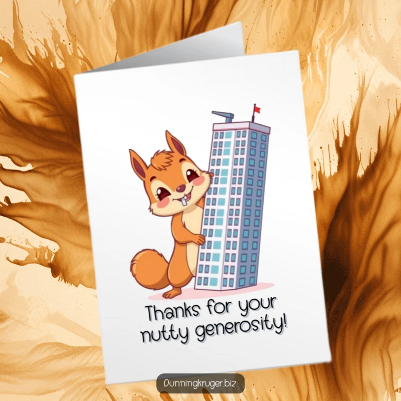 Funny Free Printable Thank You Card: A cheerful squirrel with a determined expression is shown accidentally building a skyscraper sideways.