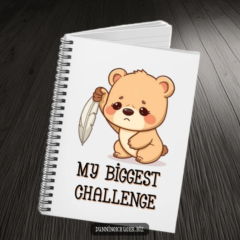 Funny notebook cover with a determined bear cub, furrowed brow, hilariously struggling to lift a feather, inspiring notes on effort.