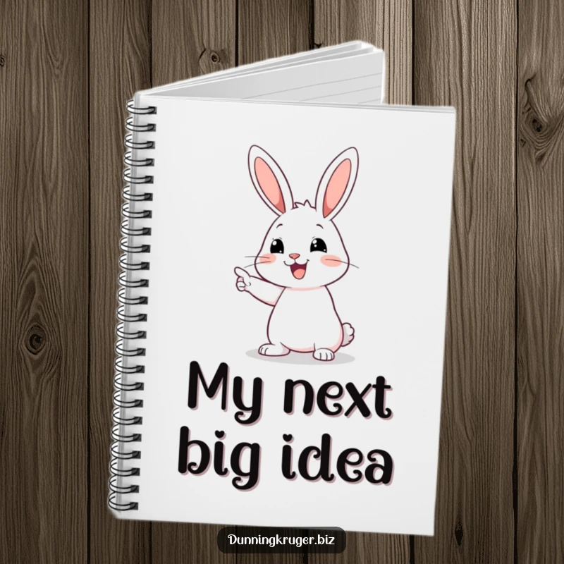 Funny notebook with a happy rabbit with long ears pointing at an empty space, inspiring creative thoughts and mysterious notes.