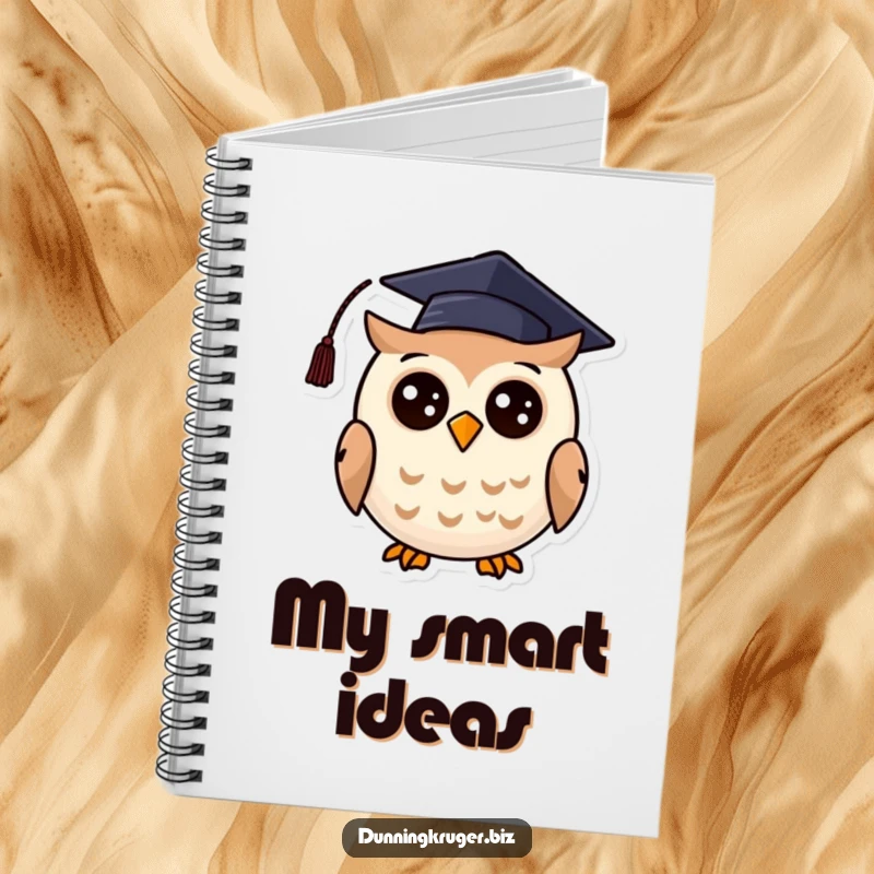 Funny notebook with a cheerful, round owl wearing a crooked graduation cap, inspiring wise thoughts and study notes.