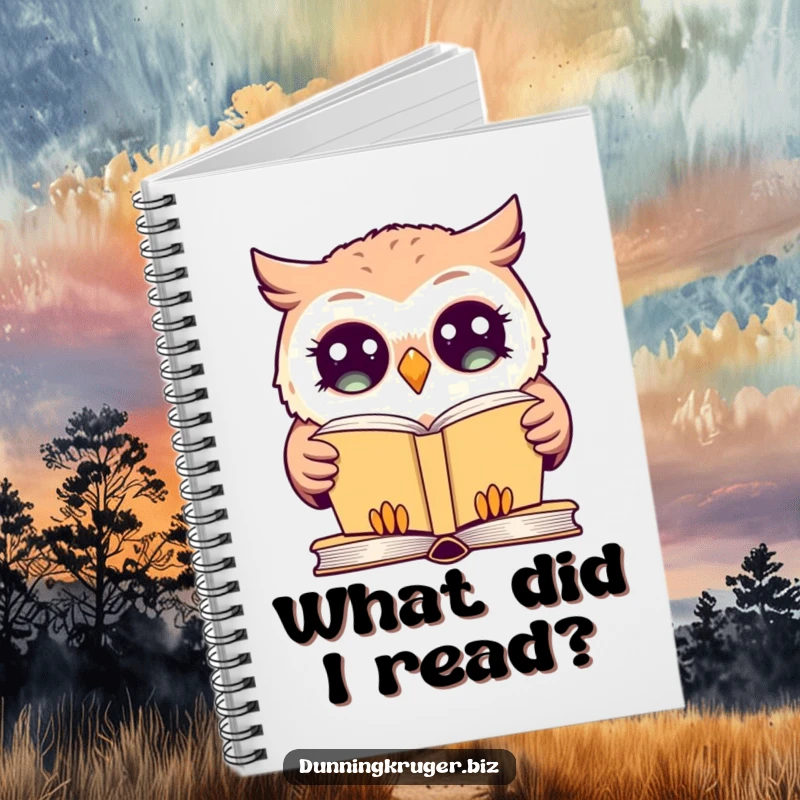 Funny notebook cover with a giggling owl, exaggeratedly wide eyes, blankly staring at a simple book, inspiring bewildered notes.