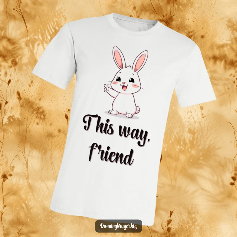 Funny t-shirt showing a happy rabbit with long ears confidently pointing towards an unseen, yet intriguing, empty space.