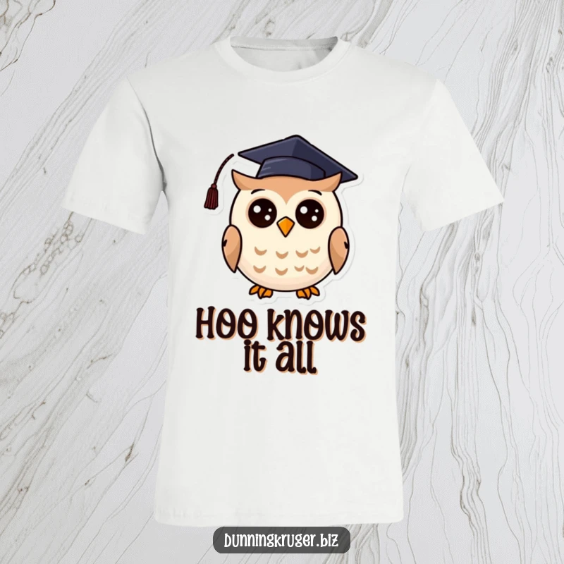 Funny t-shirt depicting a cheerful, round owl wearing a small, crooked graduation cap, ready to celebrate academic success.