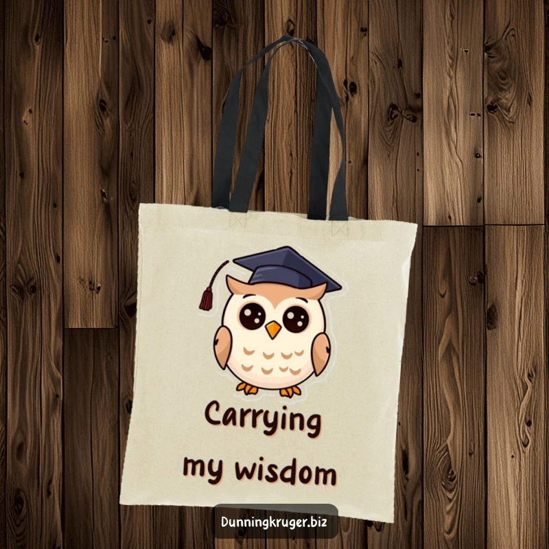 Funny tote bag featuring a cheerful, round owl with a crooked graduation cap, ideal for carrying books and study essentials.