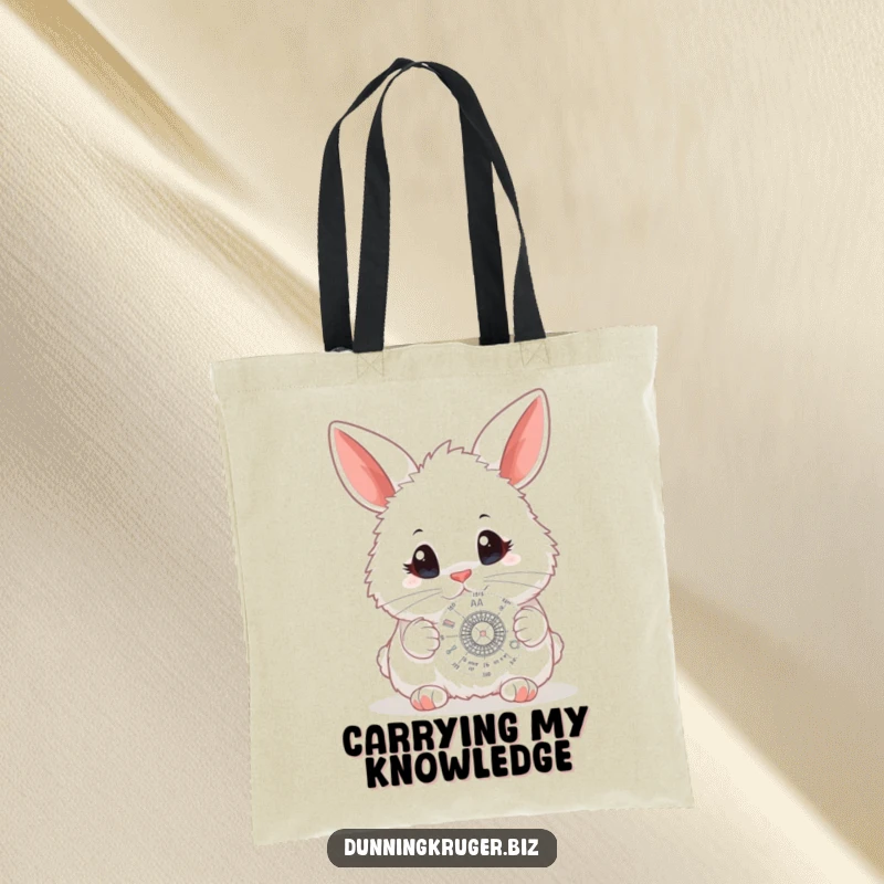 Funny tote bag featuring a fluffy white bunny with big, inquisitive eyes, engrossed in a tiny, detailed scientific diagram, ideal for carrying knowledge.